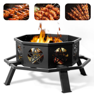 35in Octagonal Sheet With Foot Pedal Pentagram Wood Brazier Wrought Iron Black