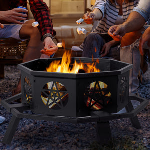 35in Octagonal Sheet With Foot Pedal Pentagram Wood Brazier Wrought Iron Black