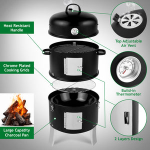 47x41.5x82cm Black, Double-walled, Cylindrical, Smoker, Charcoal Grill