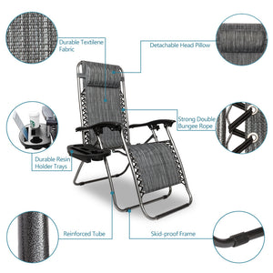 2pcs , Adjustable Folding Lounger With Pillow And Practical Tray For Deck, Terrace, Beach, Patio, Grey